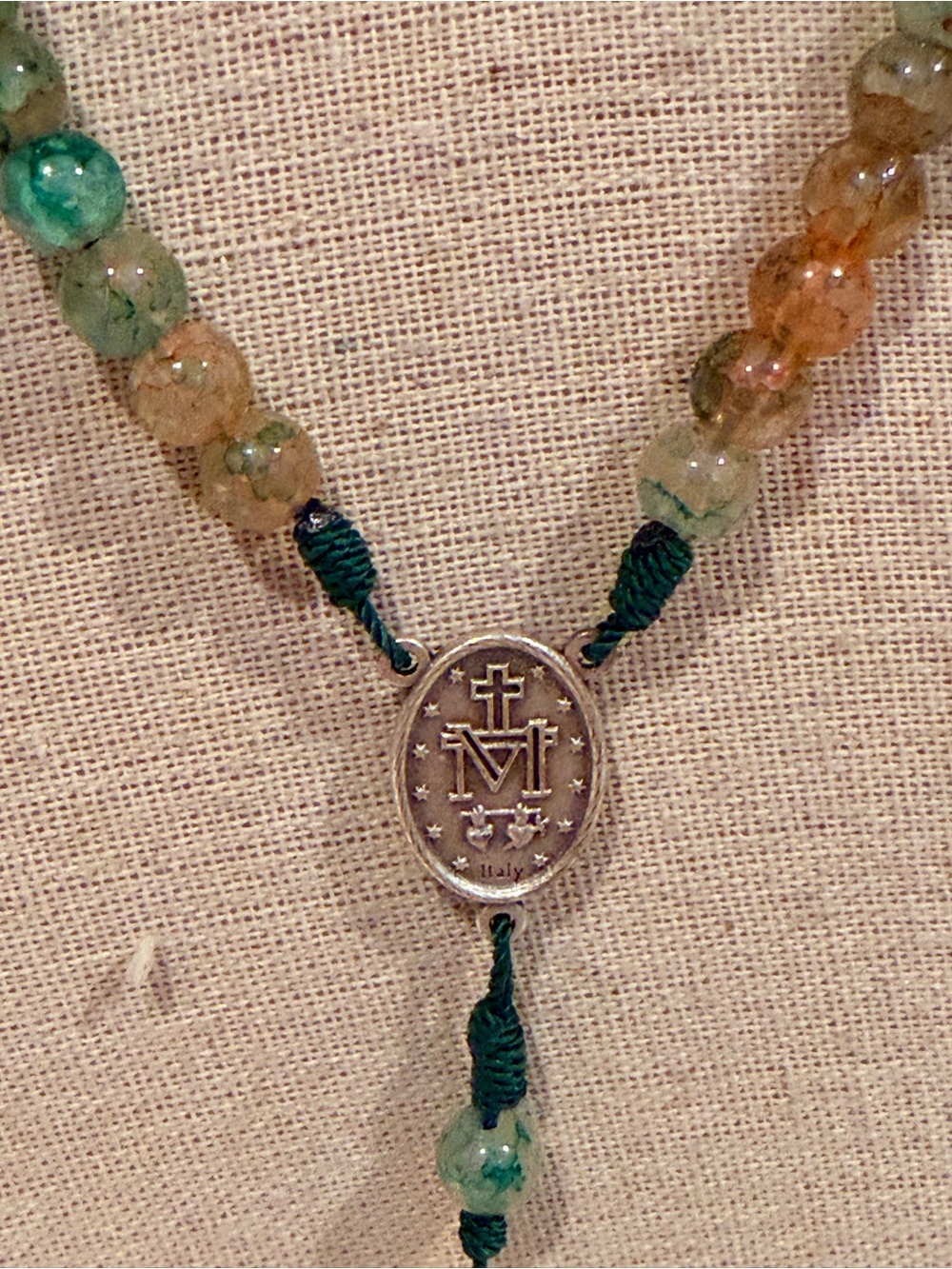 handcrafted Catholic rosary green & brown Indian agate beads, Miraculous Medal - Picture 4 of 7